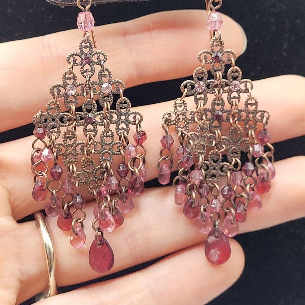 Vintage Y2K Bohemian Copper Purple Chandelier Earrings 2.75in